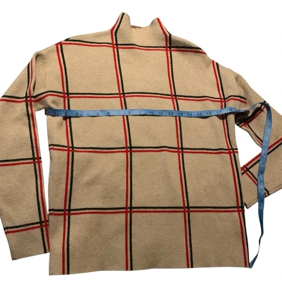 Tahari Womens mock Turtleneck Sweater in Tan with Red Accents plaid - Picture 2 of 5